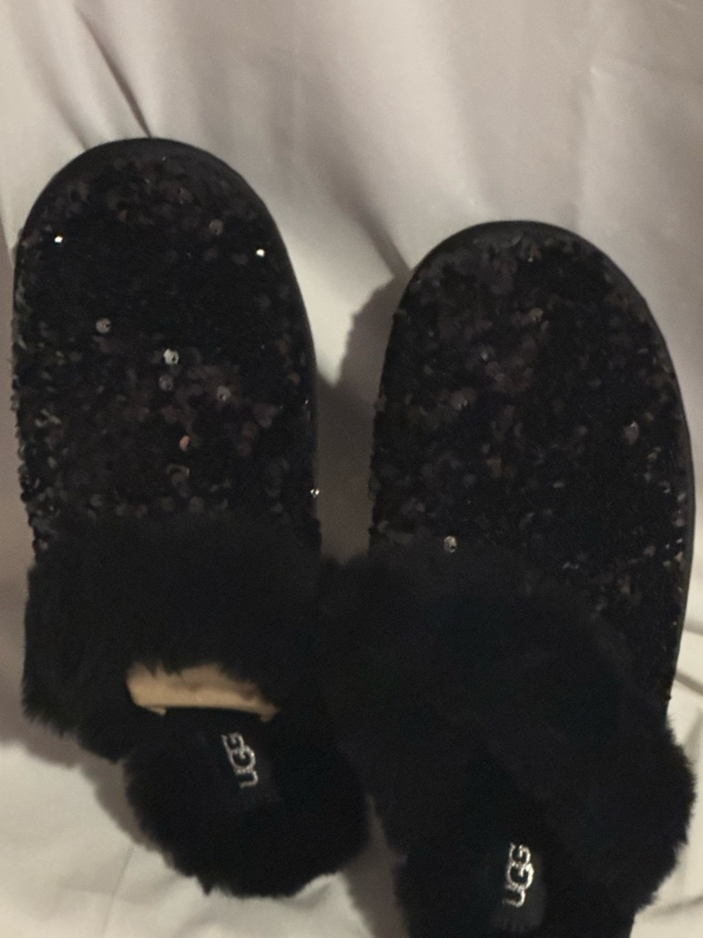 UGG Black Sequin Fur-Trim Slip-On Slippers
